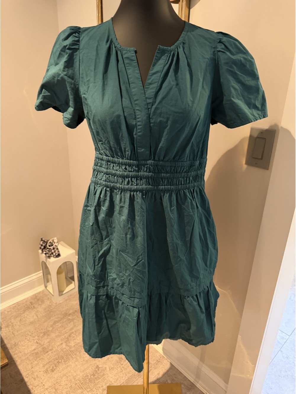 Quince Organic Cotton Poplin Tiered Mini Dress green turquoise M
